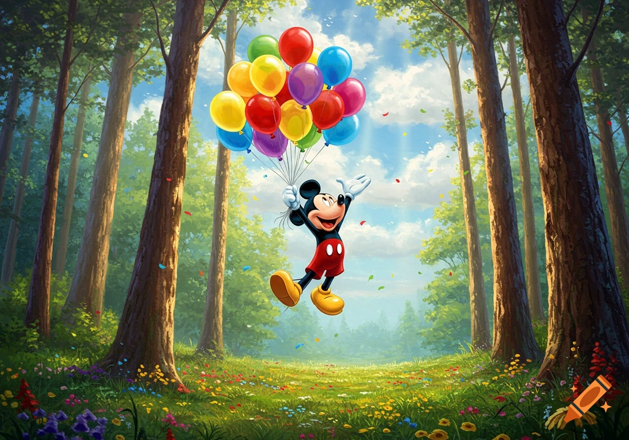 Mickey Mouse flies joyfully through a vibrant, magical forest, holding a large bunch of colorful balloons, with confetti falling around him.