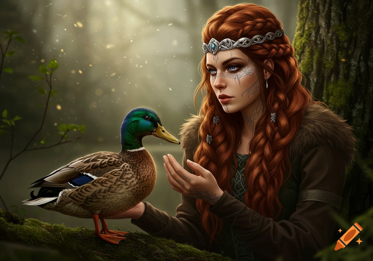 A red-haired woman with a silver crown and face tattoos looks at a mallard duck in a magical forest, digital painting.
