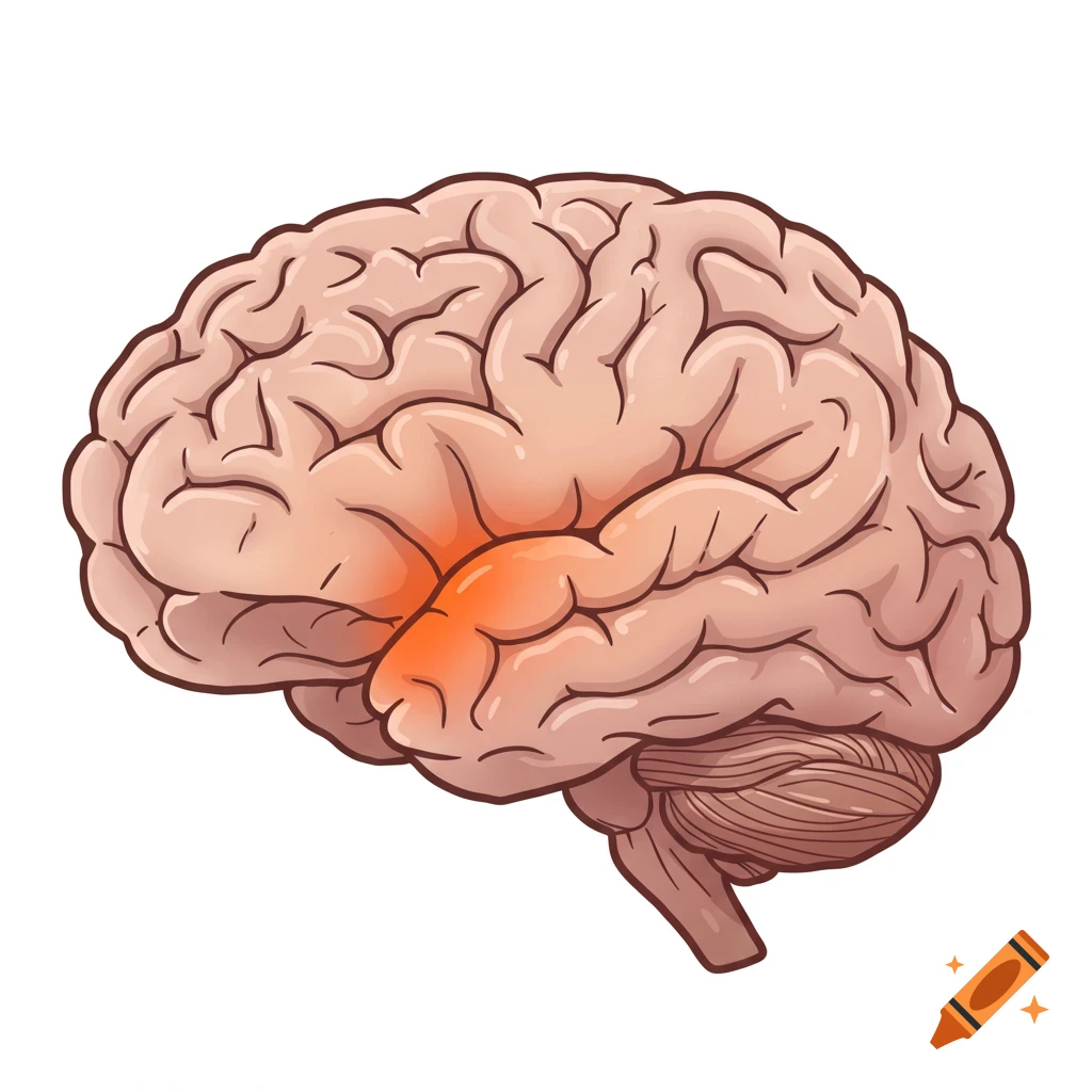 Cartoon illustration of a human brain with the parahippocampal gyrus highlighted in orange against a white background.