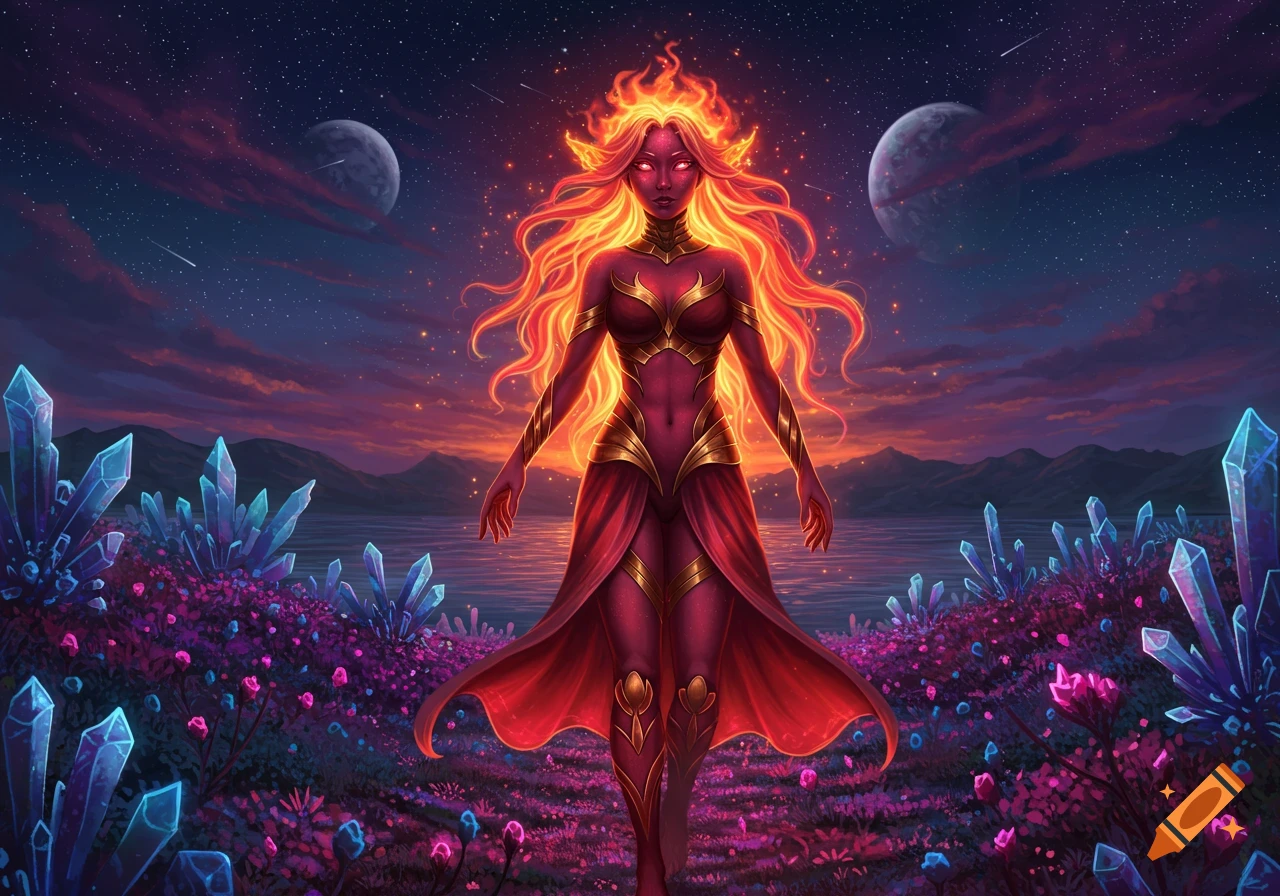 A vibrant fantasy illustration of a fiery woman in a red and gold costume, standing in a magical landscape with crystals under a starry sky.