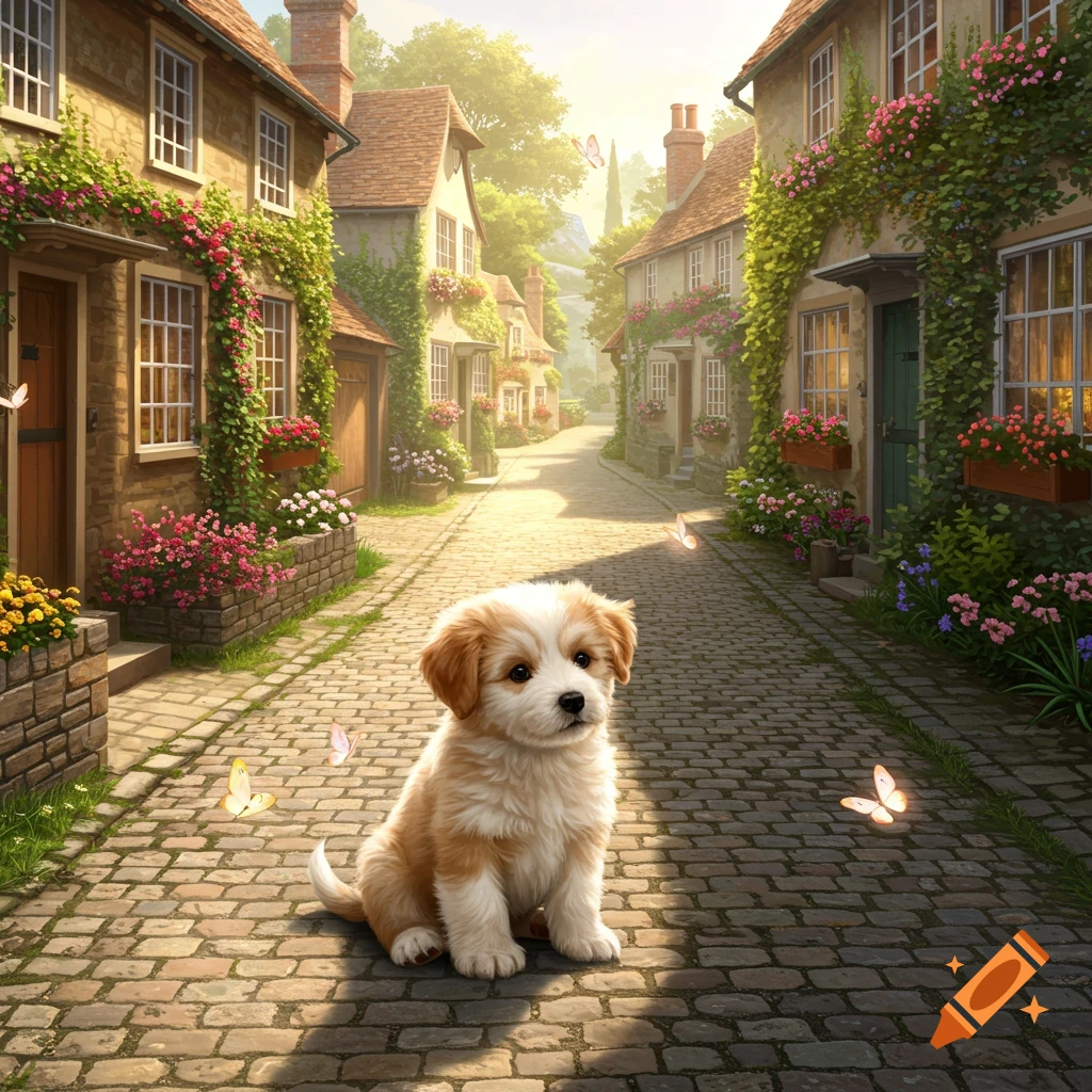 A cute fluffy brown and white puppy sits on a cobblestone road in a sunny, flower-filled village street with houses covered in vines and butterflies.