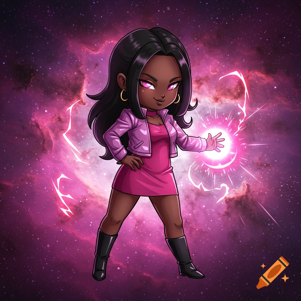 A chibi-style Black woman with long black hair, in a pink jacket and dress, casting a pink energy orb against a pink and purple nebula.