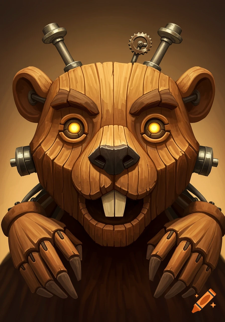 A close-up of a stylized wooden beaver head with glowing yellow eyes, metal gears, and mechanical accents, looking like a steampunk puppet.