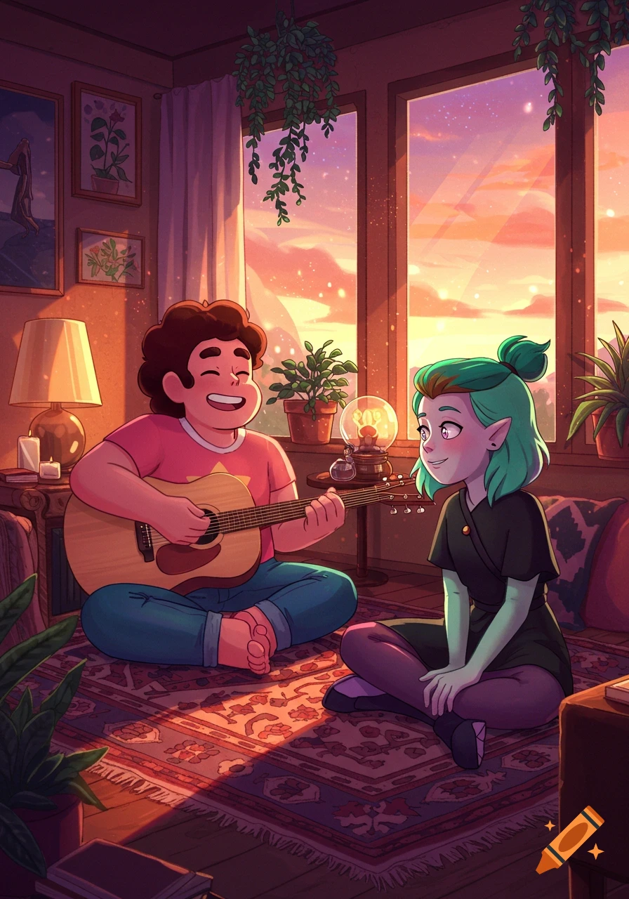 Cartoon characters Steven Universe plays guitar for Amity Blight in a cozy room bathed in sunset light.