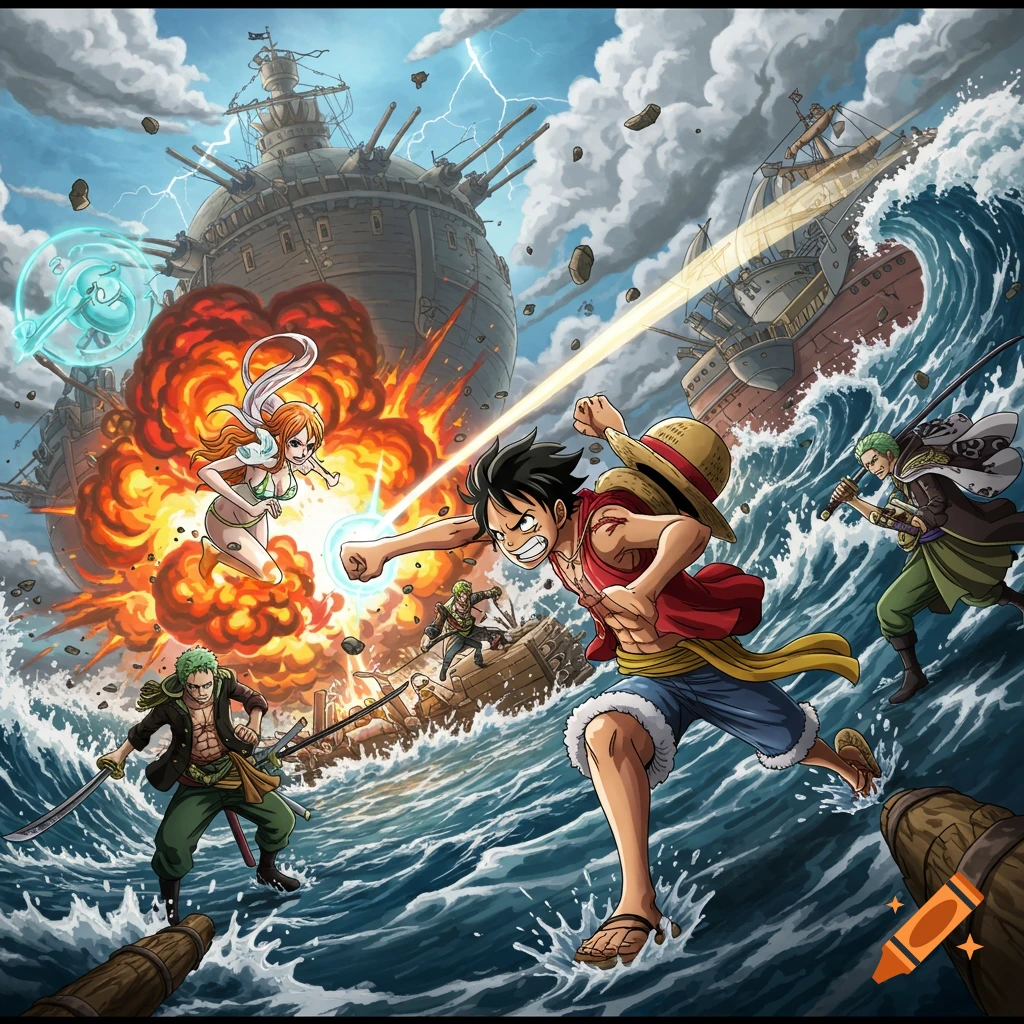 One Piece characters Luffy, Zoro, and Nami battle on a stormy sea amidst explosions and large ships in an anime style.