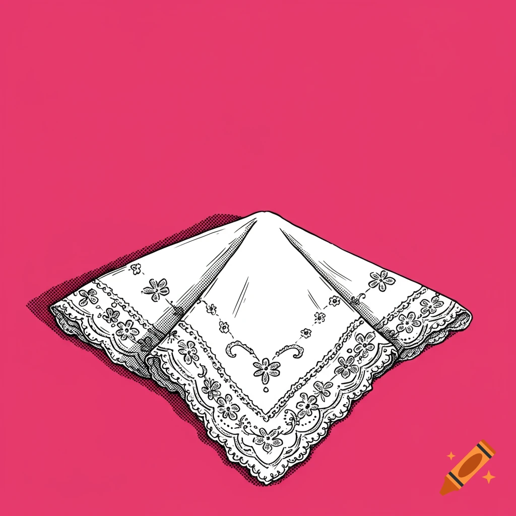 A white frilly handkerchief with embroidered details on a solid pink background, rendered in a gritty comic book illustration style.