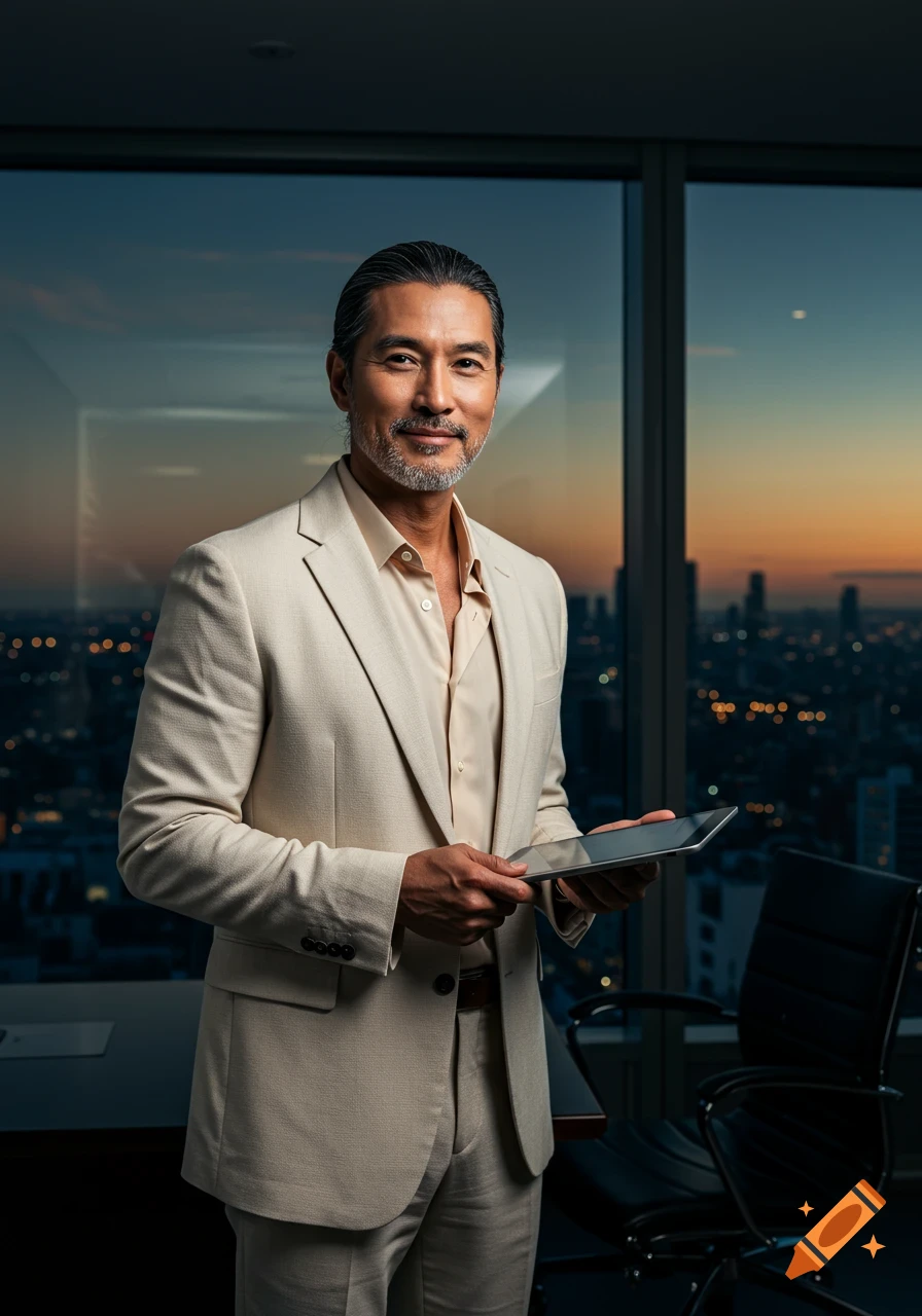Photorealistic portrait of a confident male CEO in a beige suit holding a tablet, standing by a window overlooking a city skyline at dusk.