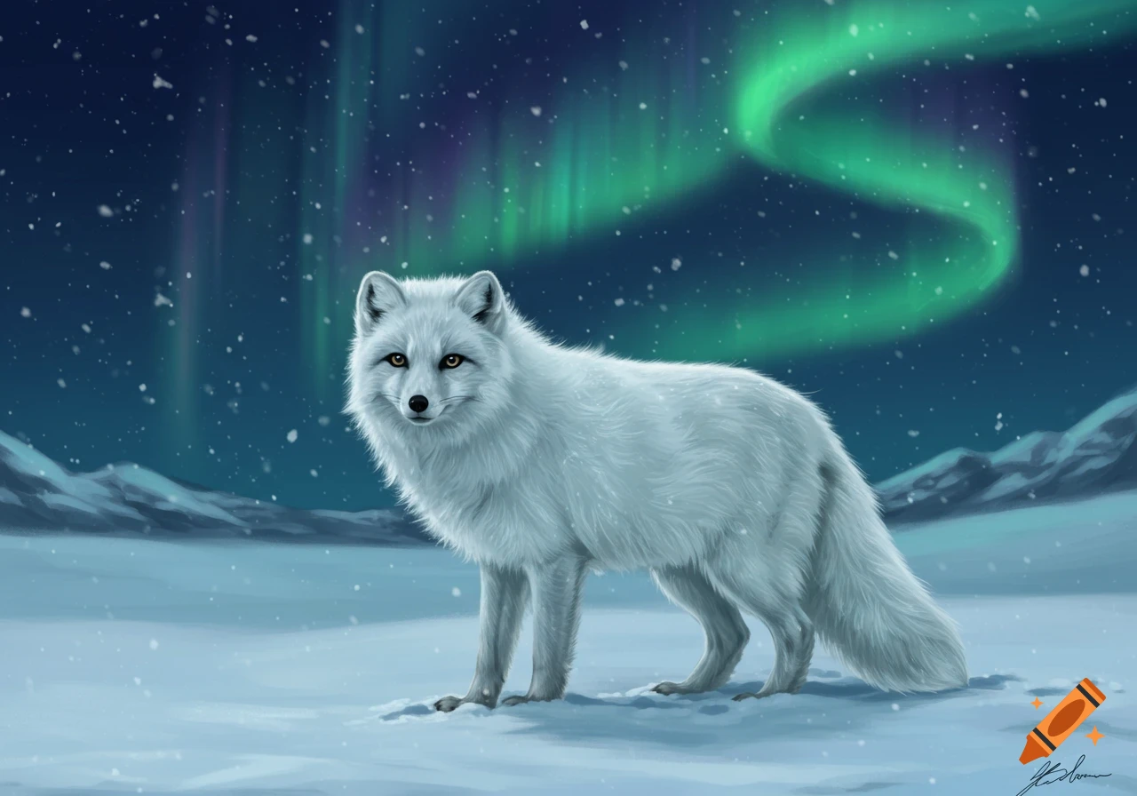 An arctic fox stands in a snowy landscape under a vibrant green aurora borealis.