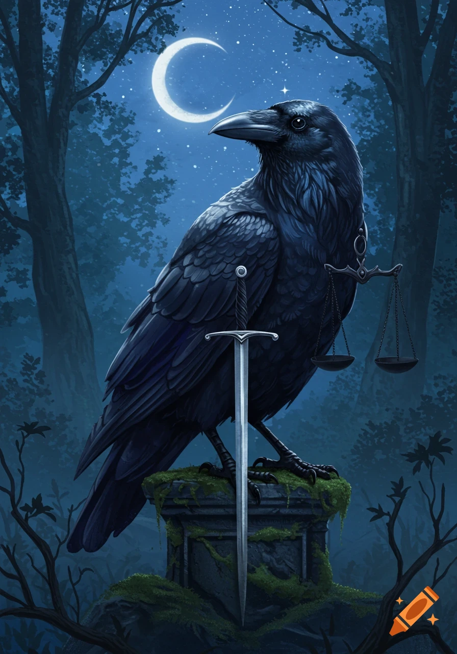 A stylized black raven stands on a mossy stone pedestal in a moonlit forest, with a shining sword in front and scales of justice hanging from its neck.