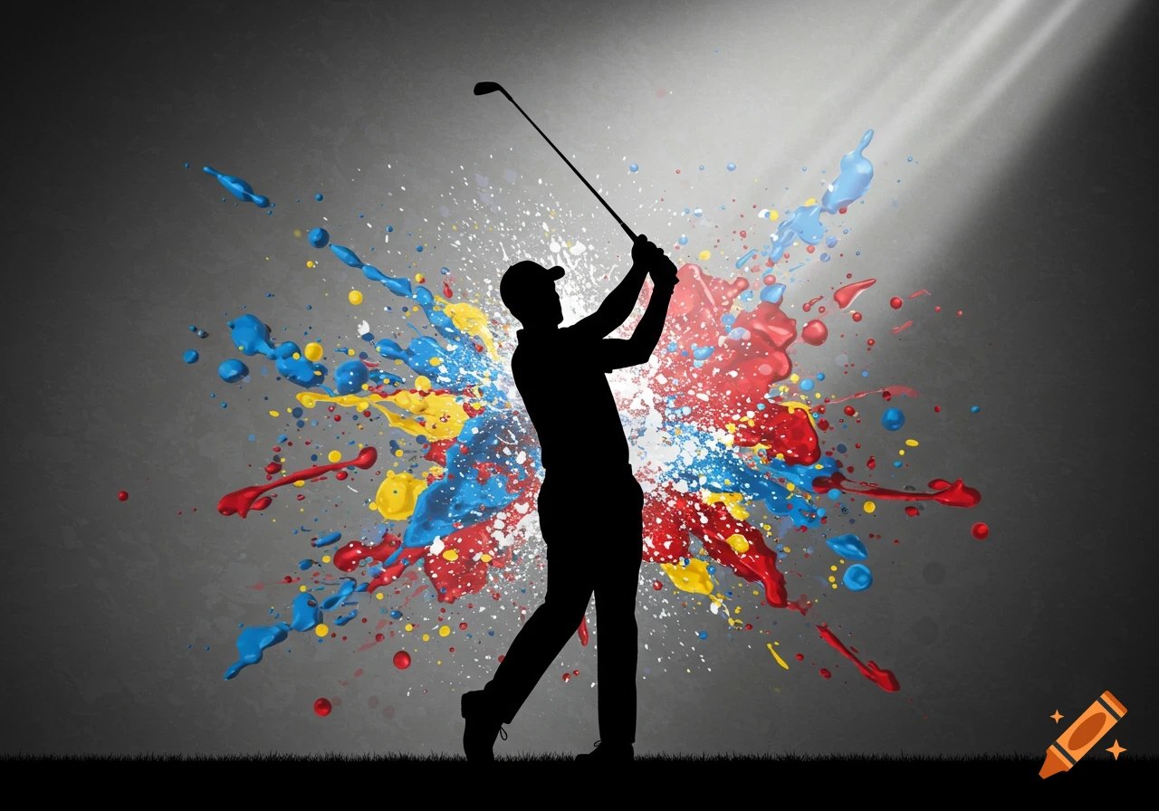 Silhouette of a golfer swinging a club against a vibrant background of red, yellow, and blue paint splatters.
