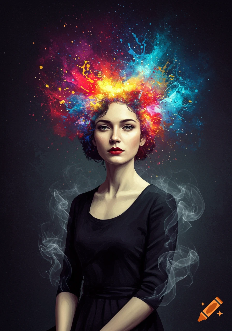 Portrait of a woman with vibrant colorful paint splatters exploding from her head like a crown, on a dark background.