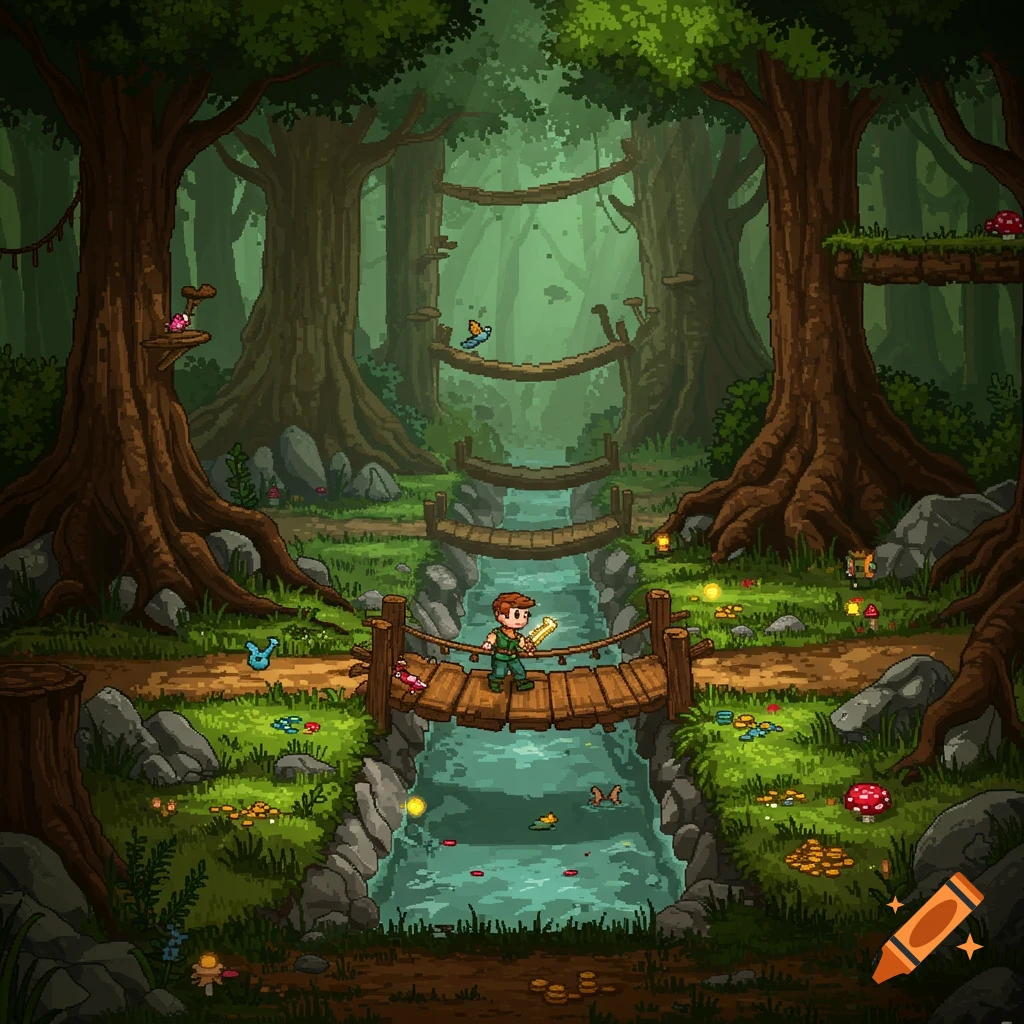 Pixel art 2D video game level of a forest, with a character on a bridge over a stream, surrounded by trees, platforms, and items.