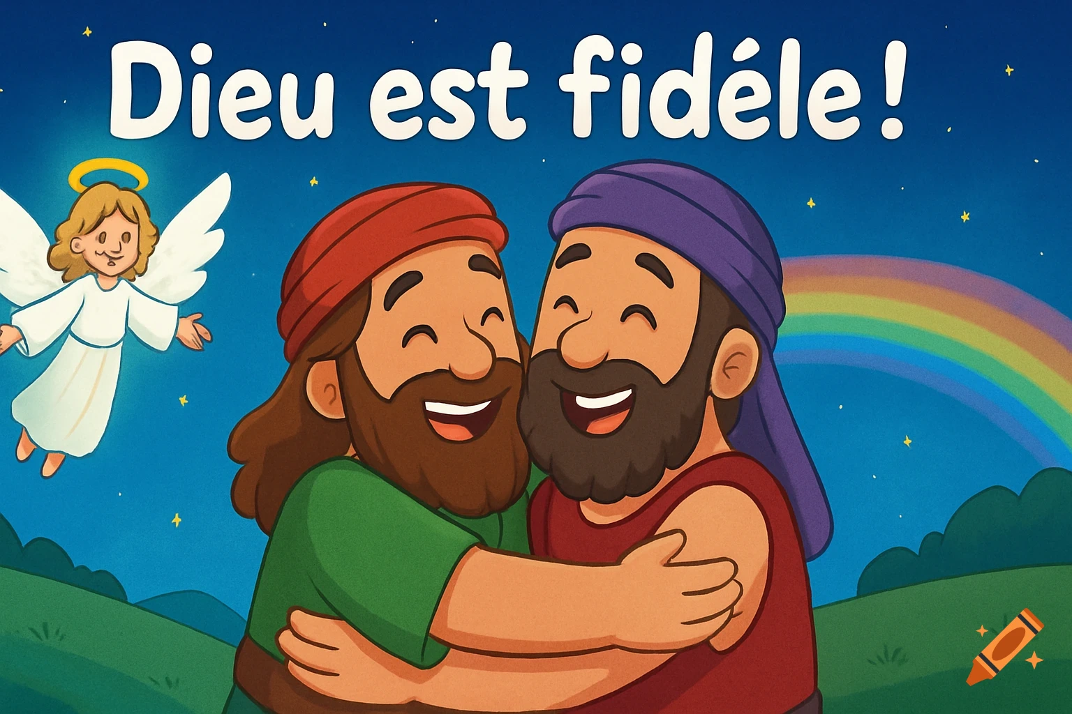 Cartoon illustration of two men embracing with joy, an angel, and a rainbow under a starry sky. Text says 'Dieu est fidèle!'.