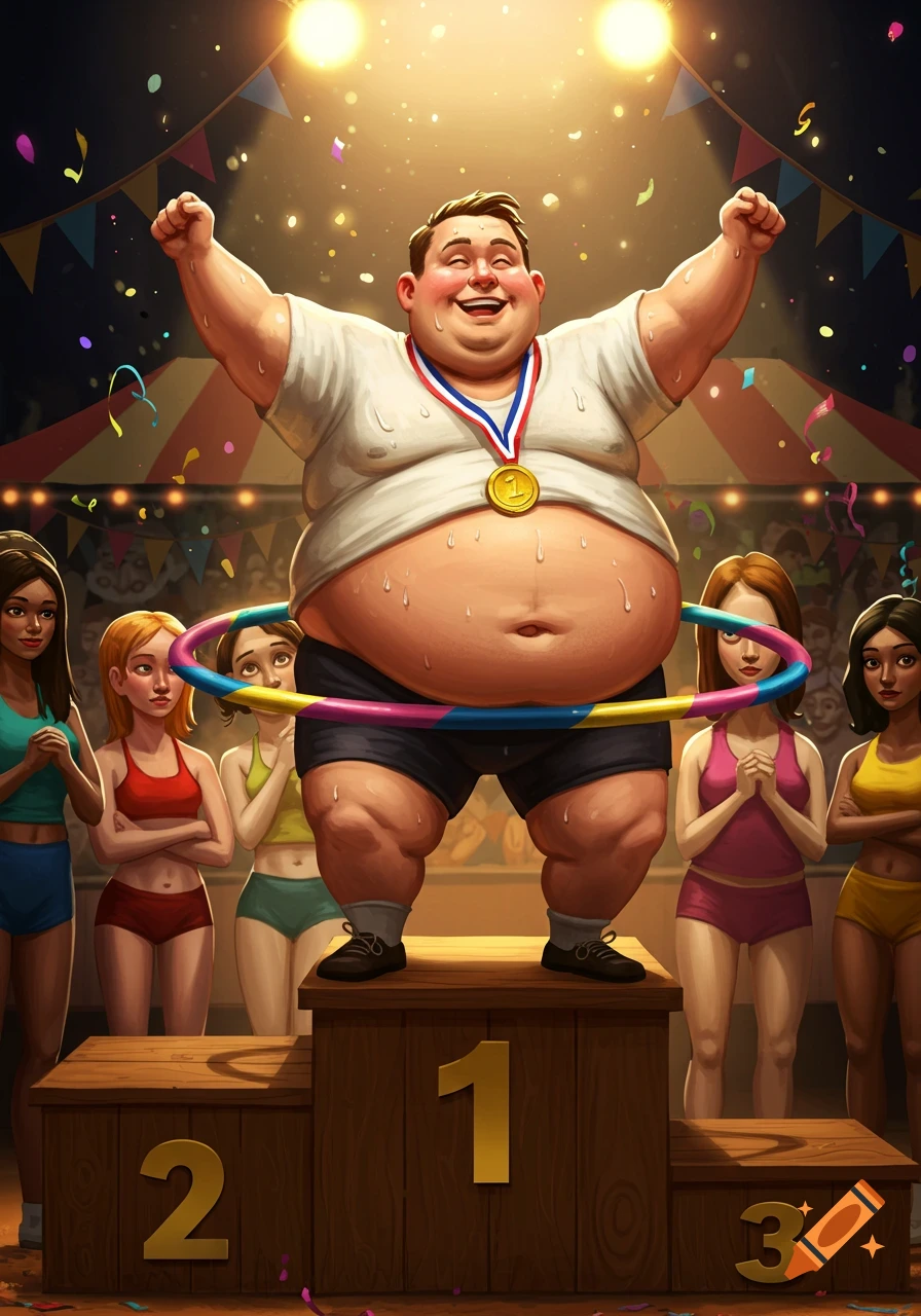 A large, joyful cartoon man with a medal stands on the first-place podium, a hula hoop stuck on his belly. Disappointed skinny female contestants stand on the other podium spots.