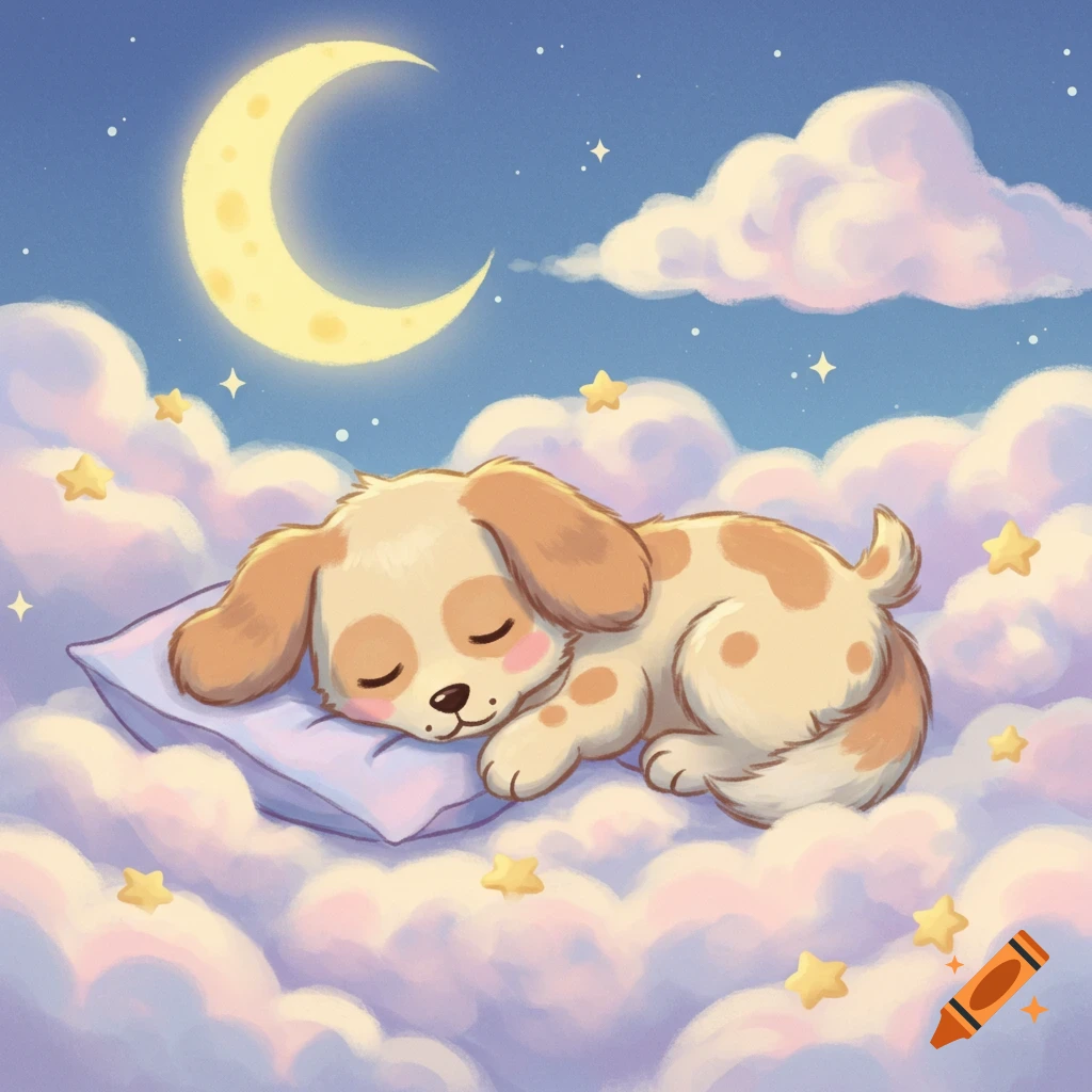 A cute cartoonish puppy sleeps peacefully on a fluffy cloud under a crescent moon and twinkling stars.