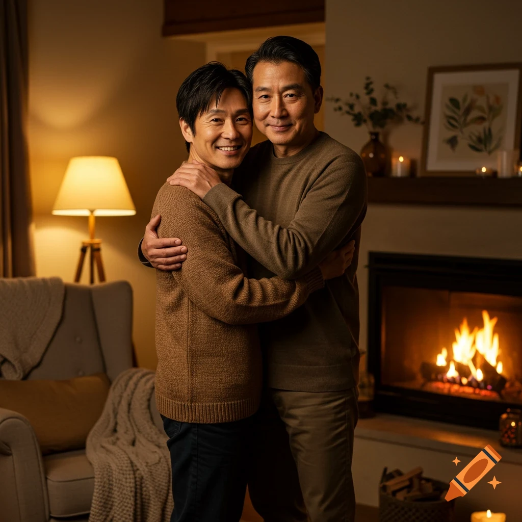 Two Asian men embrace by a warm fireplace in a cozy living room.