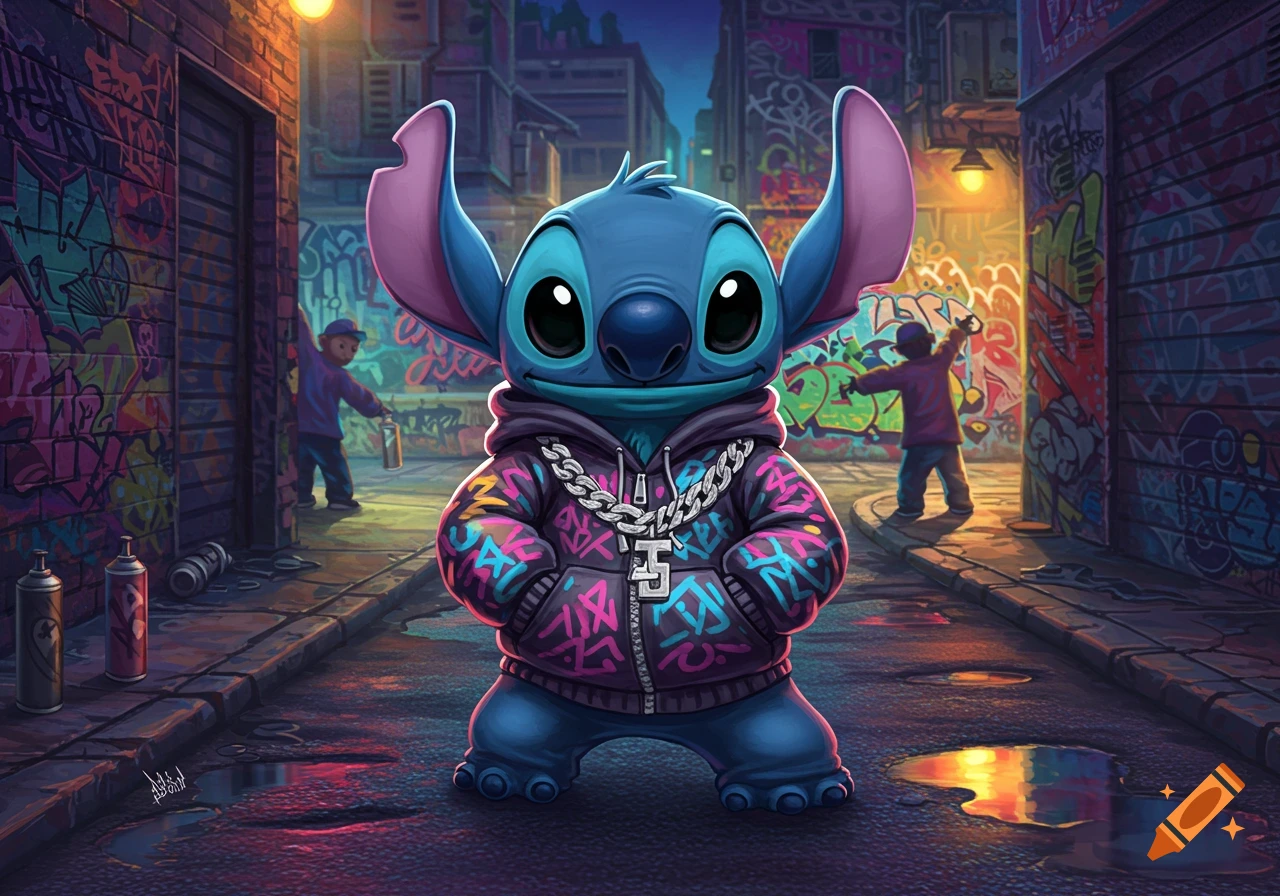 Stitch from Lilo and Stitch in a colorful hoodie and chain, standing in a graffiti-covered urban alleyway.