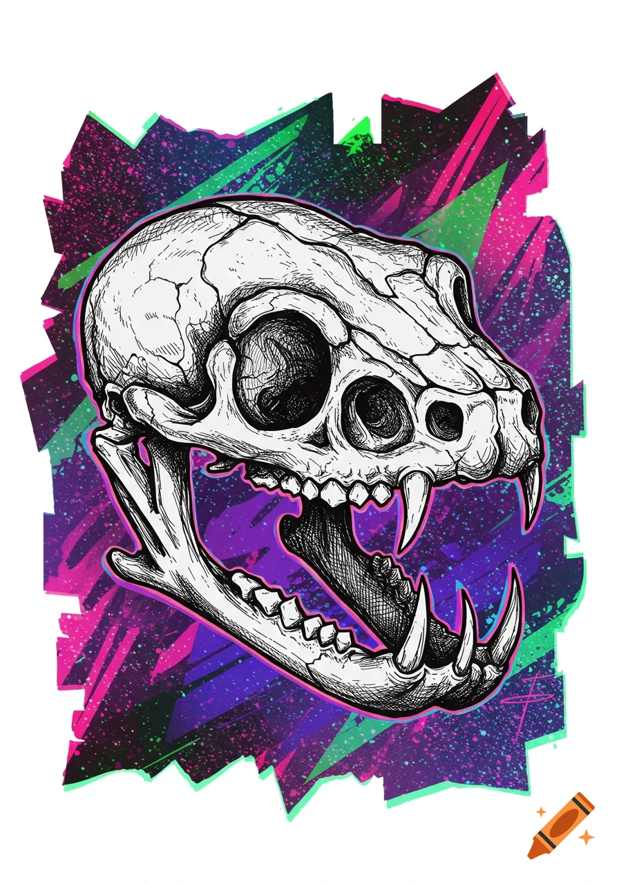 A stylized animal skull with large fangs and an open jaw, illustrated in black ink against a vibrant, jagged background of pink, purple, and green with splattered dots, in a comic book style.