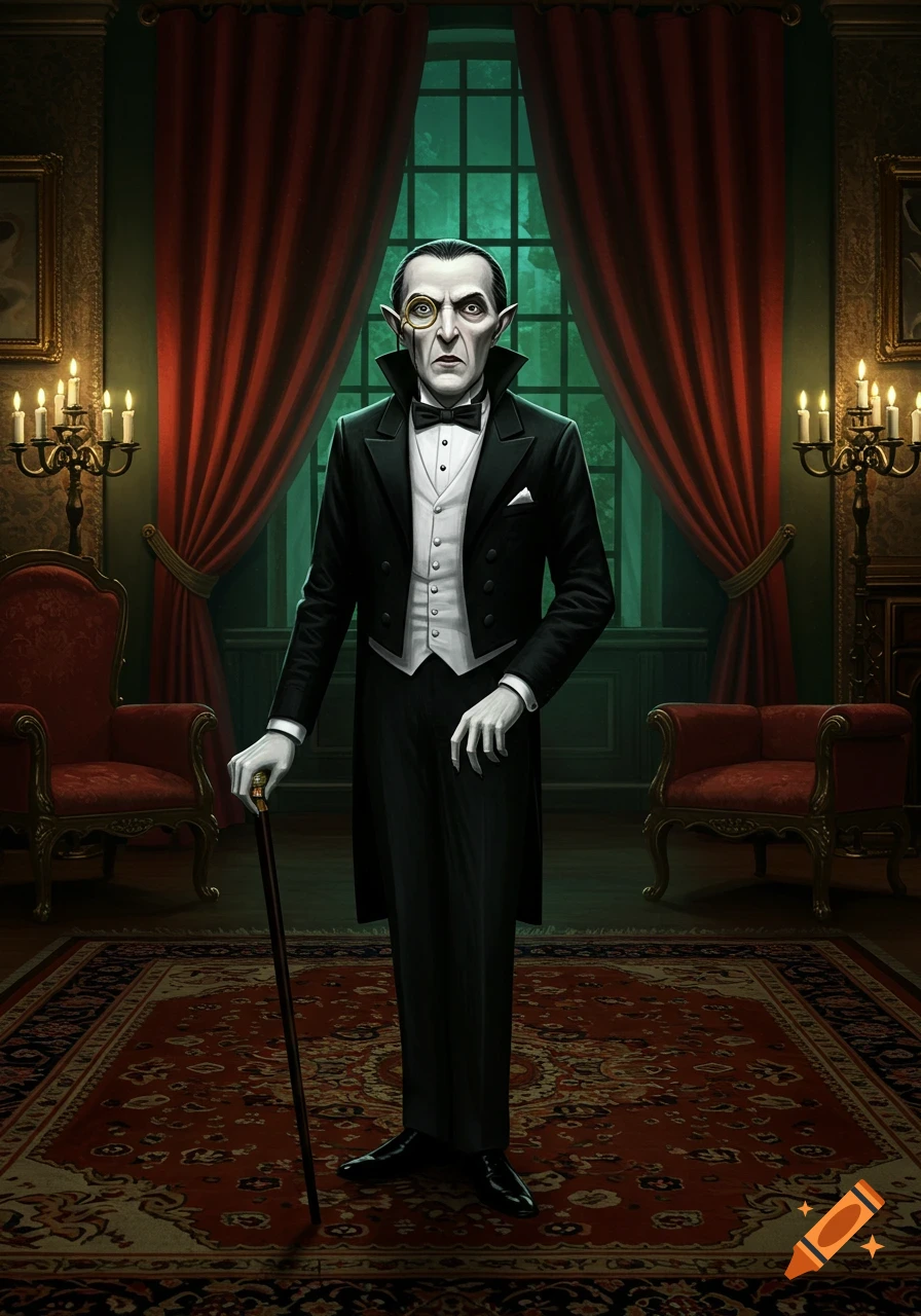 Nosferatu-like figure in a tuxedo with a monocle and cane stands in an ornate room with red curtains.