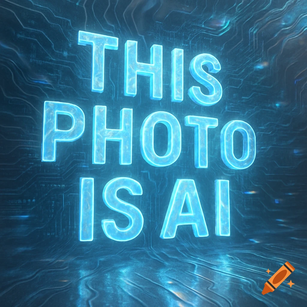Glowing blue text reads "THIS PHOTO IS AI" against a dark, circuit board-like background.