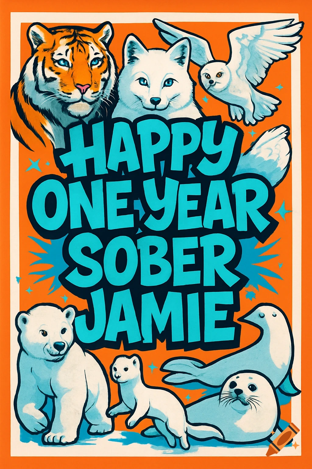 A vibrant orange and blue graphic poster featuring a tiger, arctic fox, snowy owl, polar bear, ermine, and seals around the text 'Happy One Year Sober Jamie'.