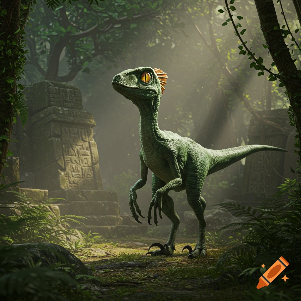 A young green dinosaur with large yellow eyes and a small orange crest stands in a misty jungle with ancient stone ruins.
