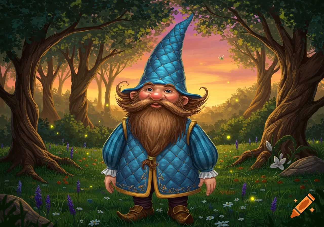 A whimsical gnome with a long beard and blue pointy hat stands in an enchanted forest with fireflies at sunset.