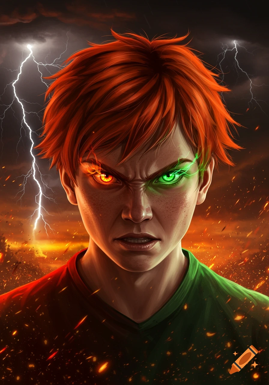 An angry red-headed teen with an orange glowing eye and a green glowing eye, set against a dramatic stormy sky with lightning and a fiery landscape.