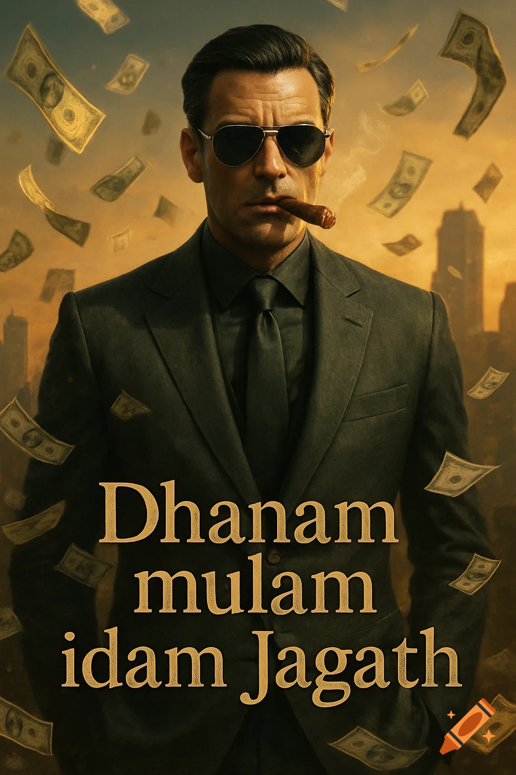 A man in a dark suit and sunglasses holds a cigar in his mouth, with money falling around him, against a cityscape background. The text "Dhanam mulam idam Jagath" is overlaid.