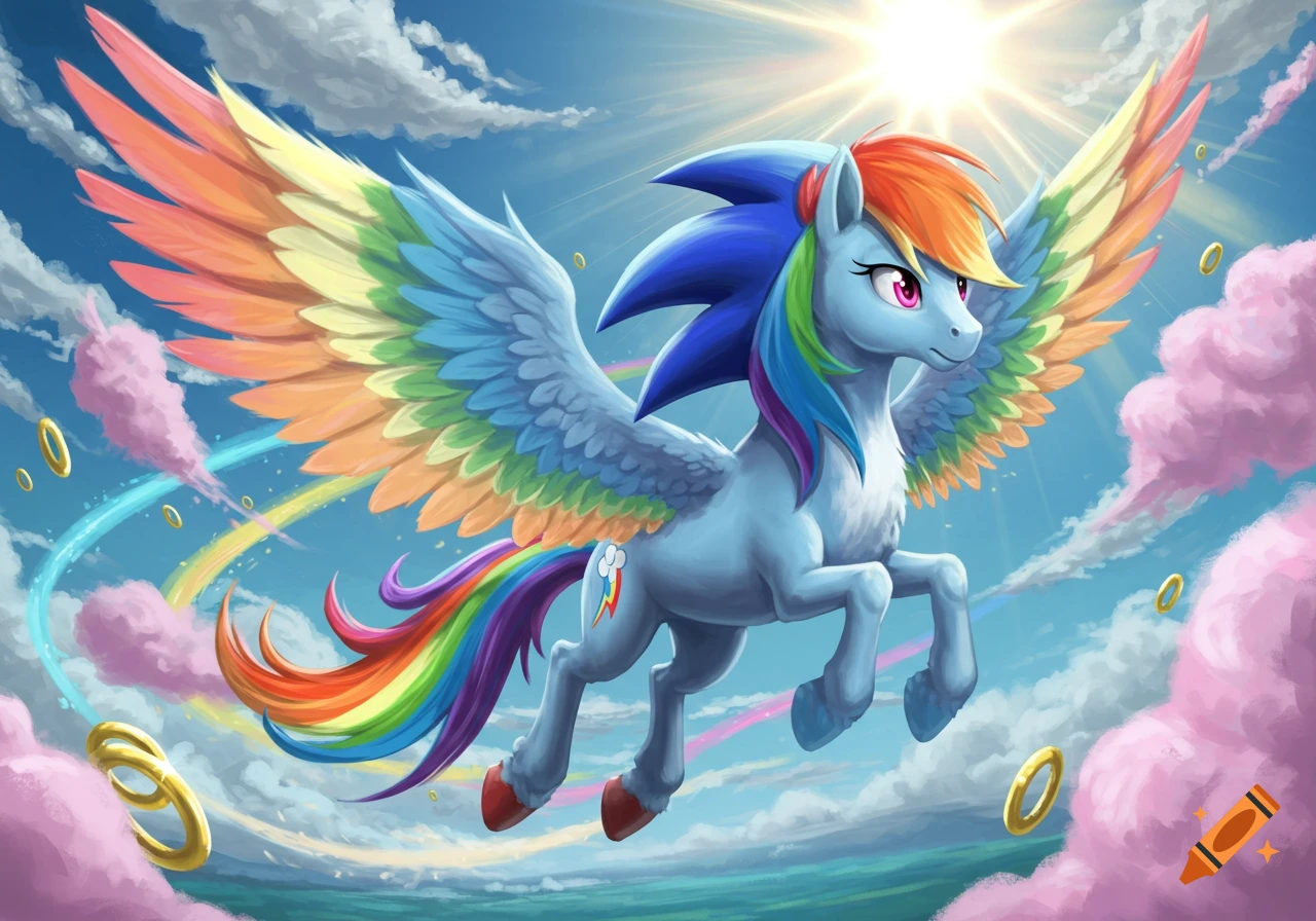 A stylized cartoon image of a blue Pegasus with rainbow mane and tail, and Sonic's blue quills, flying high in a bright blue sky with pink clouds and golden rings.