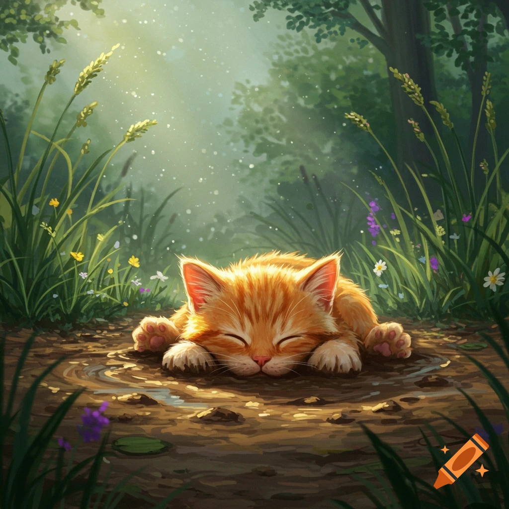 A ginger kitten sleeping peacefully on a muddy path in a lush, sun-dappled forest.