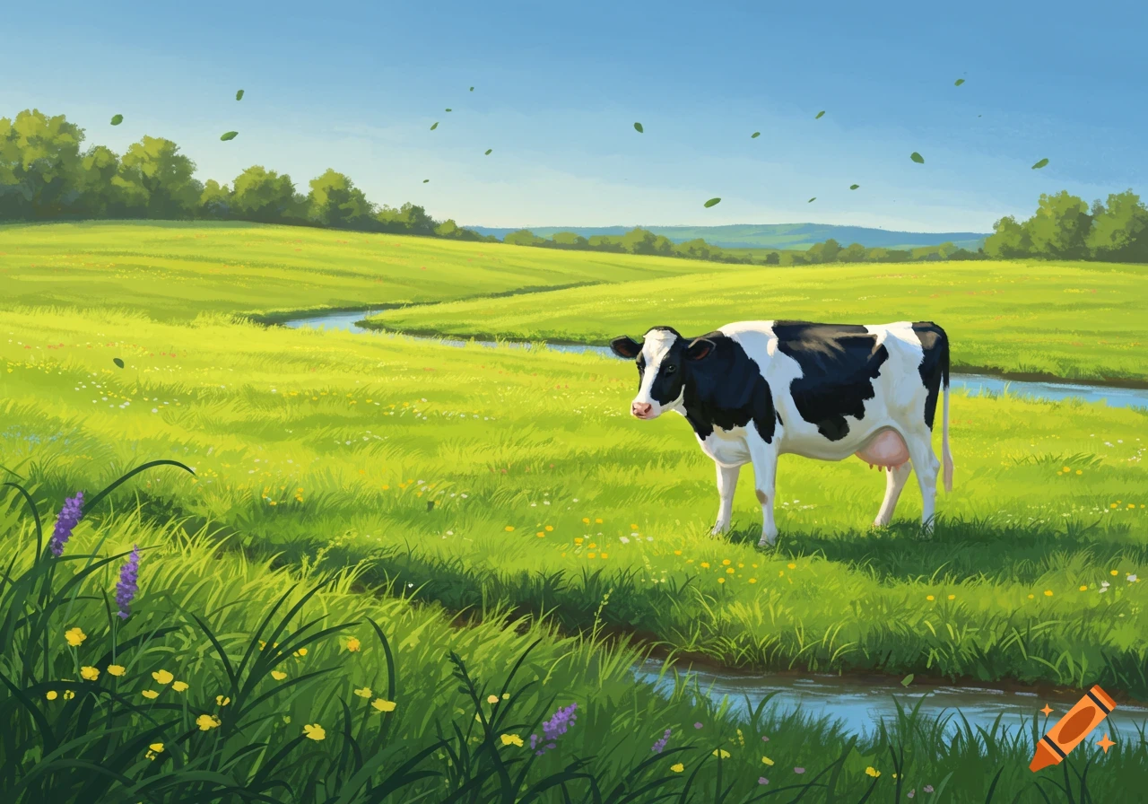A black and white cow stands in a lush green pasture with a winding stream under a clear blue sky, in an illustrative style.