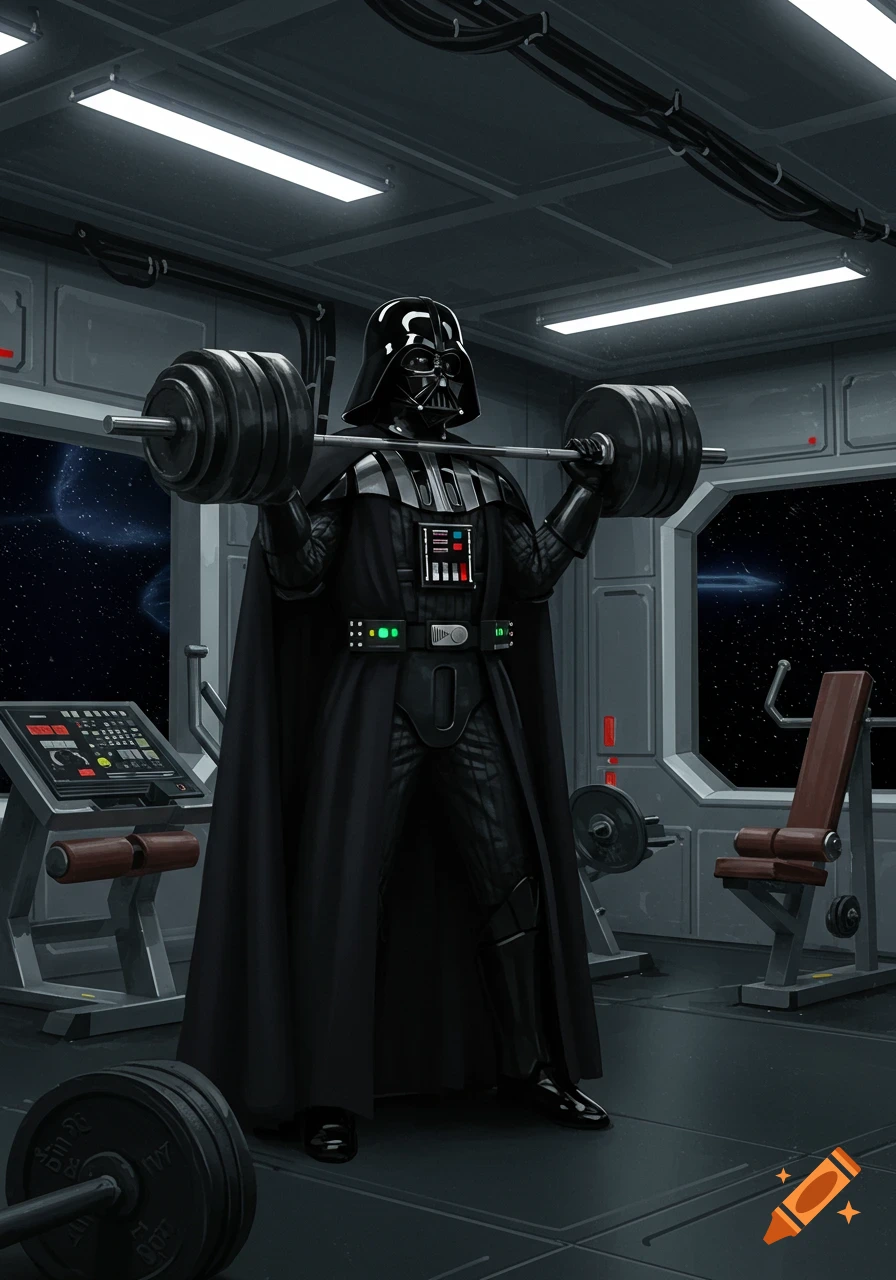 Darth Vader in a black cape and helmet lifts a heavy barbell over his head in a sci-fi gym with windows showing outer space.