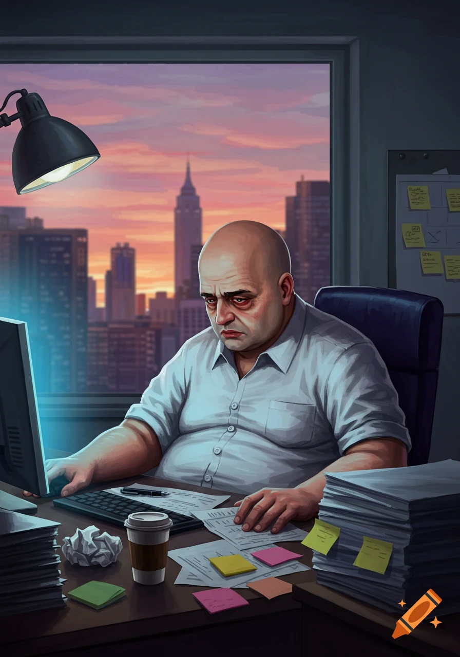 A stressed, bald man with tired eyes works late at an office desk, a city skyline visible through the window at sunset.