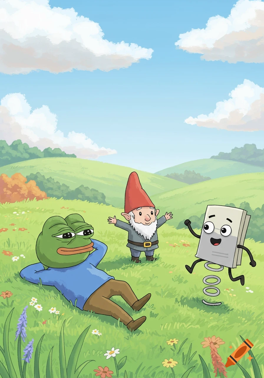 Pepe the frog, a gnome, and a spring-legged paperclip character in a grassy field under a blue sky, cartoon style.