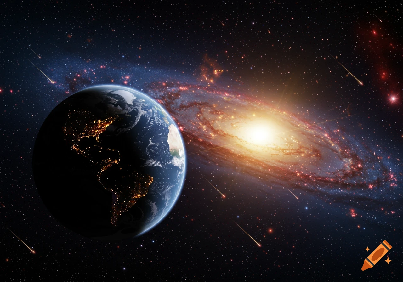 Earth from space with city lights, a bright spiral galaxy, and meteors in the dark cosmos.