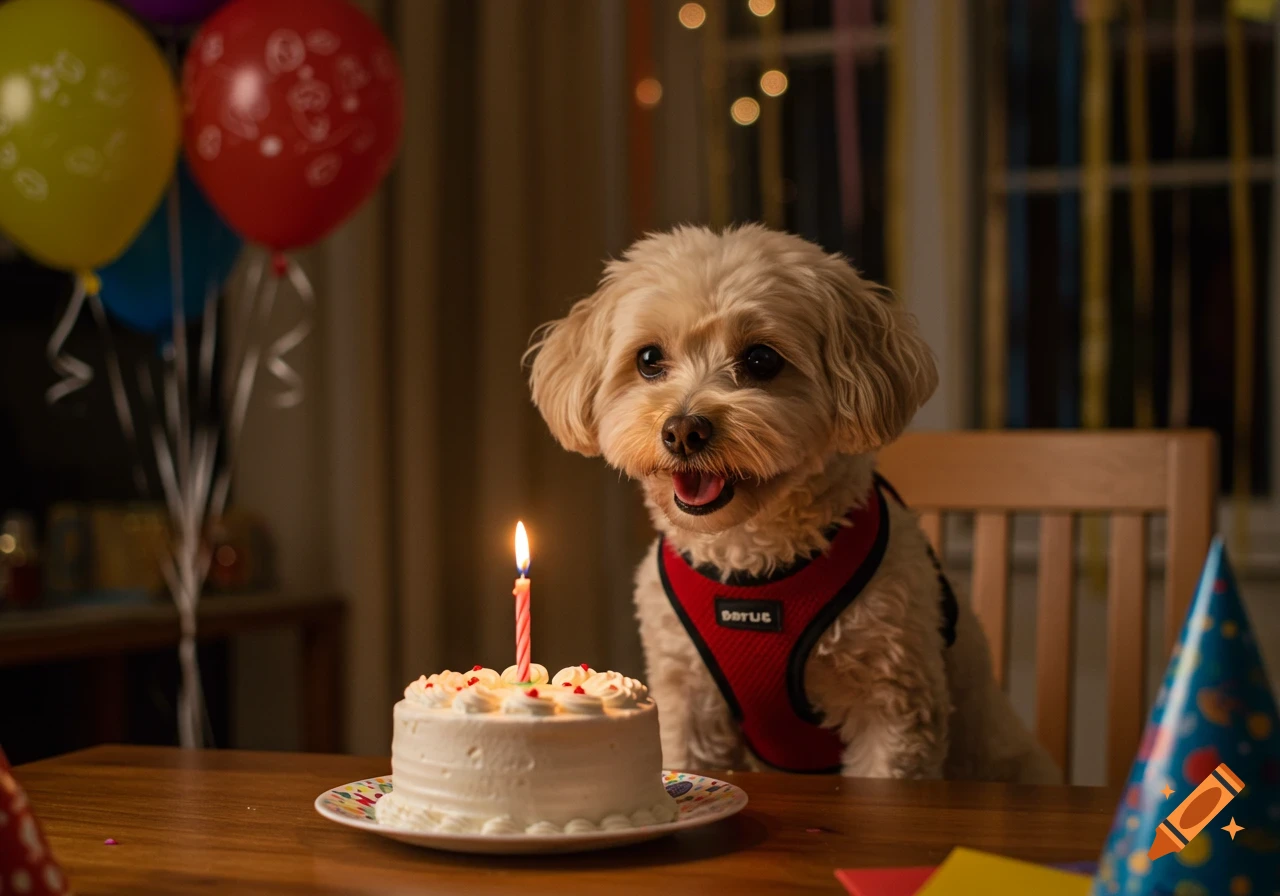 A fluffy cream-colored dog wearing a red harness sits at a table with a white birthday cake and lit candle in a warm, festive room.