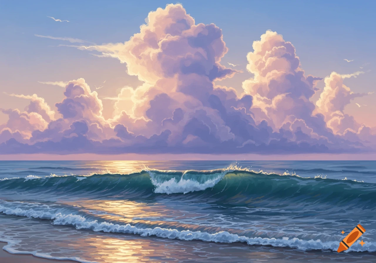 Digital painting of vibrant sunset clouds over an ocean with large waves breaking on the shore, reflecting sunlight.