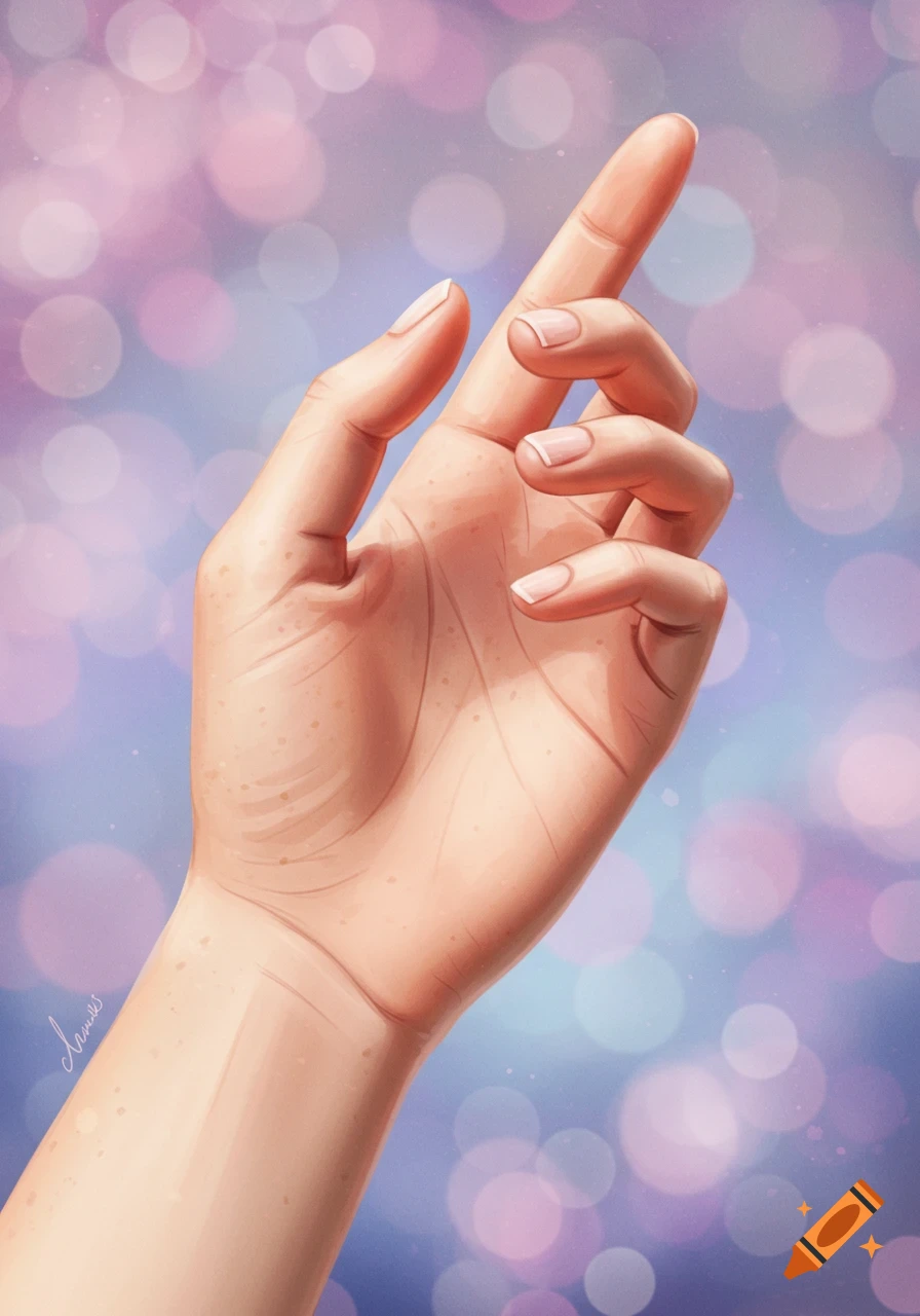 A detailed illustration of an open hand reaching upwards against a blurry bokeh background of pink and purple lights.