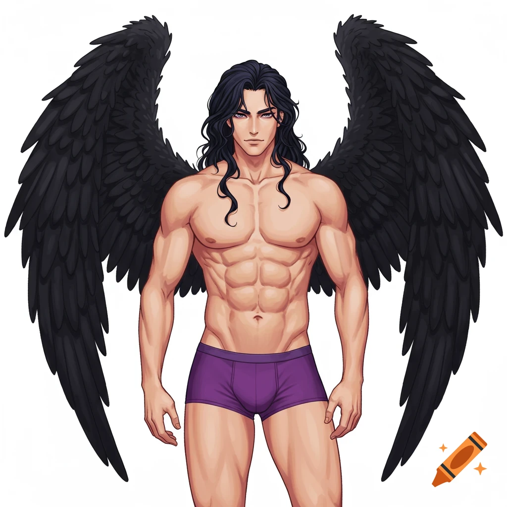A muscular anime man with black wavy shoulder-length hair, dark purple eyes, and large black feathery wings, wearing purple boxer briefs on a white background.