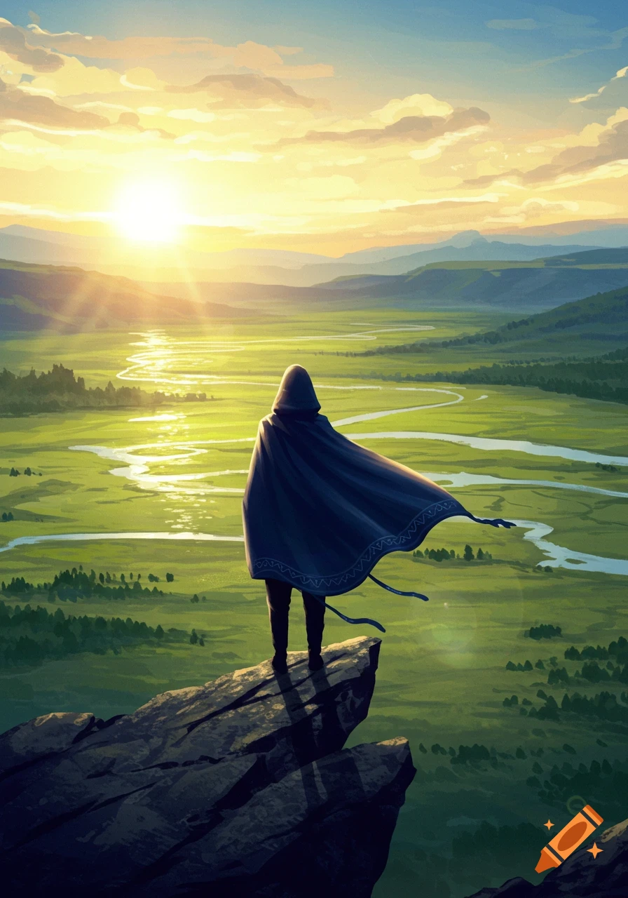 A cloaked figure stands on a cliff, looking out at a winding river valley and mountains under a bright sunset.