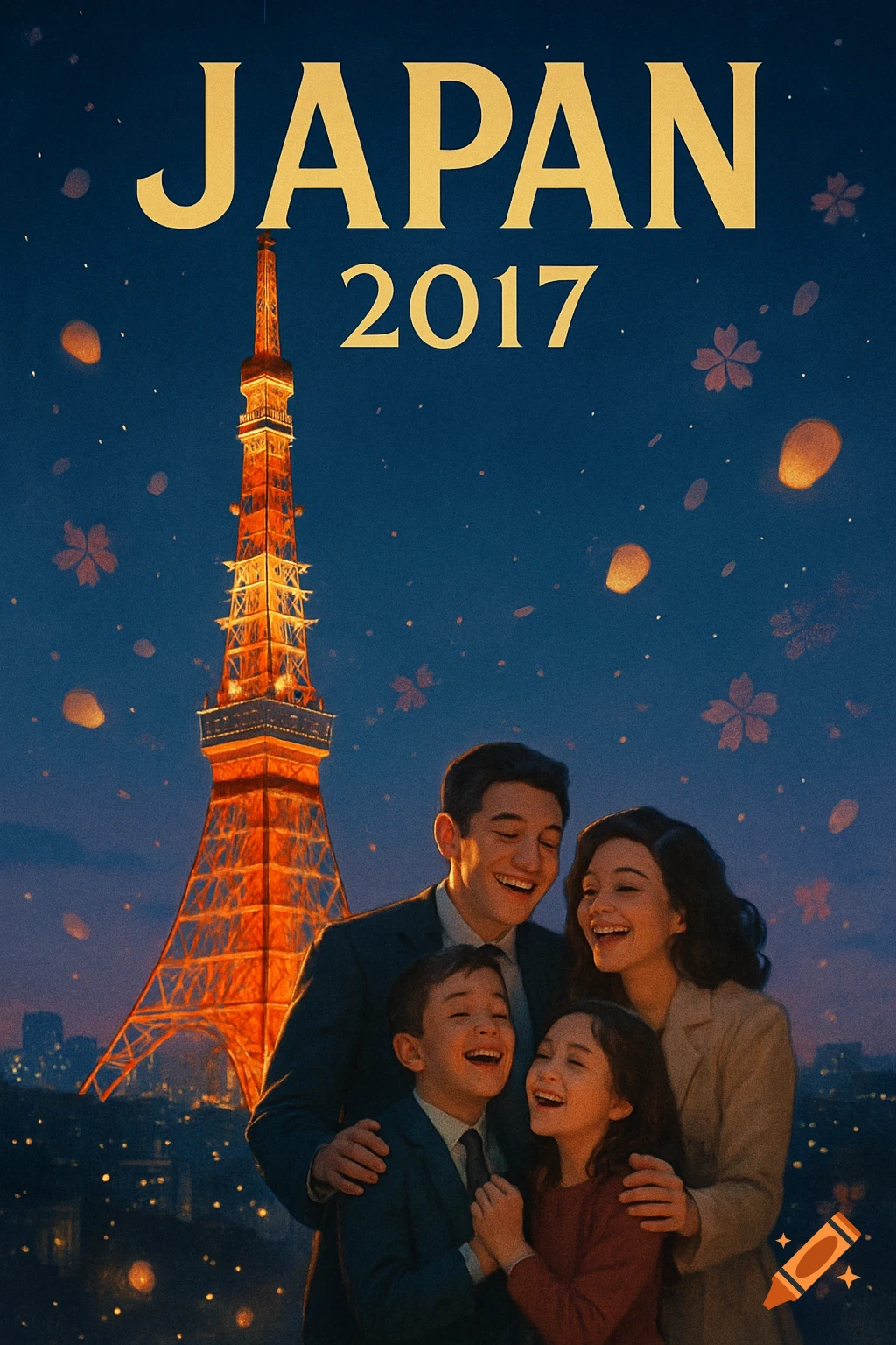 A smiling family of four, including two parents and two children, stands in front of the illuminated Tokyo Tower at night, with the text 'JAPAN 2017' above them.