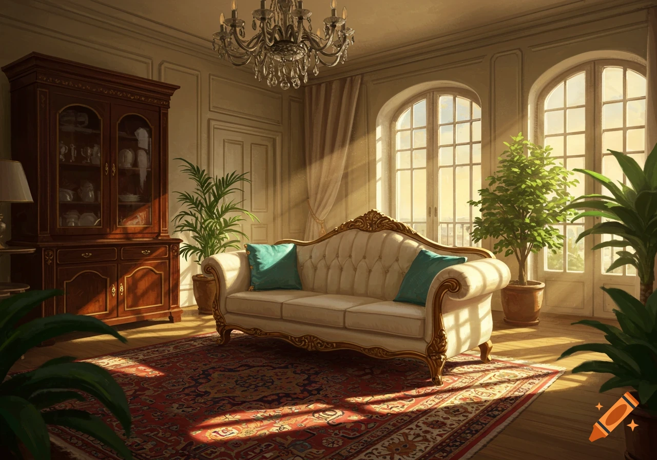 Luxurious living room with a cream sofa, red Persian rug, and large windows, bathed in sunlight.