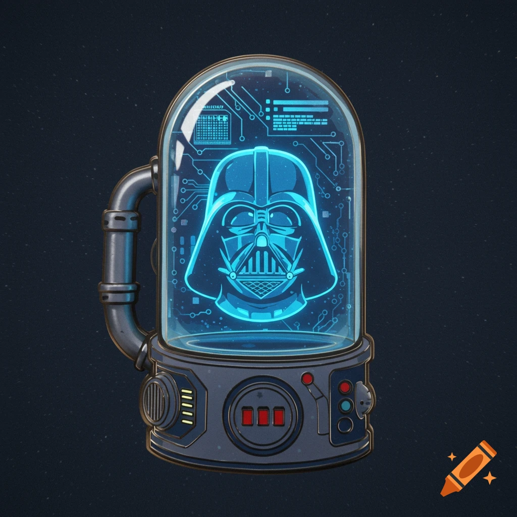 A stylized digital pin featuring a glowing blue holographic Darth Vader helmet inside a glass dome resembling a bacta tank, with circuit board patterns.