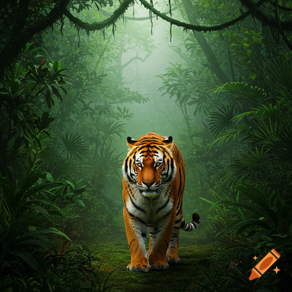 A photorealistic tiger walks through a lush, misty jungle.