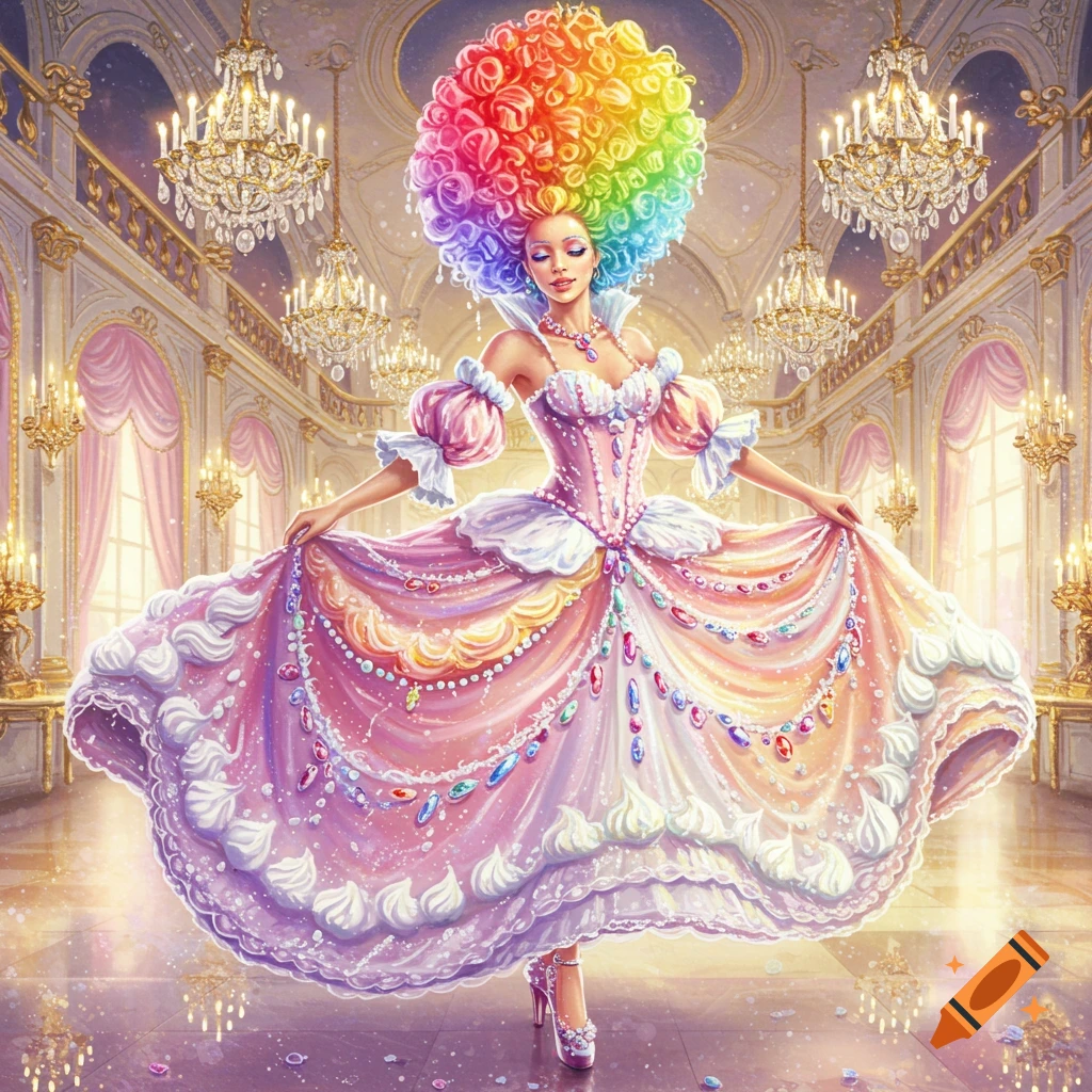 A woman in a vibrant candy-themed gown with a rainbow afro stands in a grand ballroom, in an airbrush oil painting style.