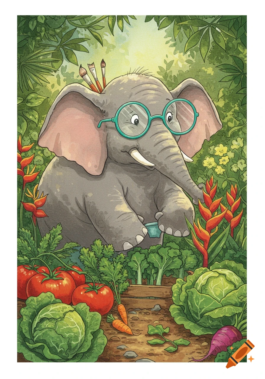 Whimsical illustration of an elephant in teal glasses with paintbrushes, happily gardening in a lush vegetable and tropical plant garden.