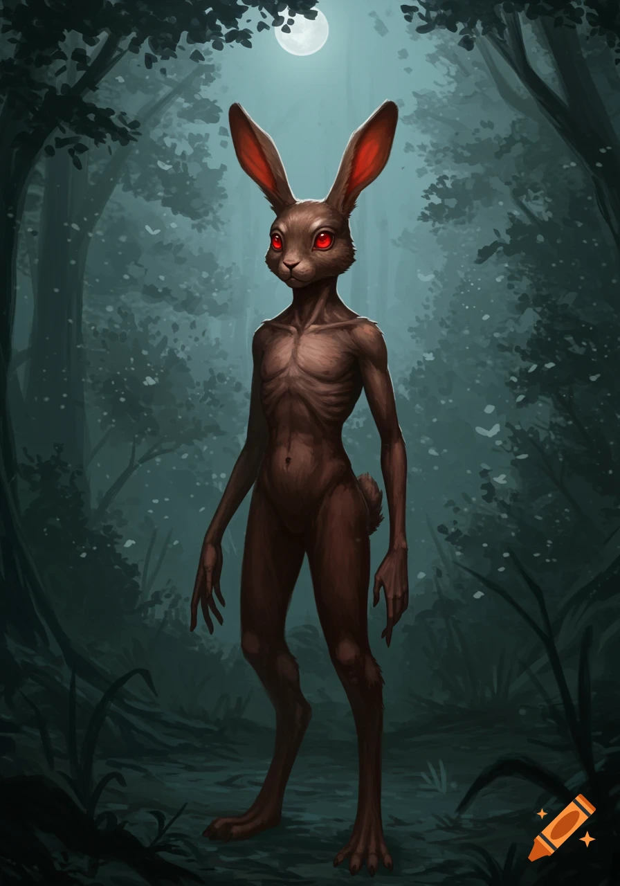 A creepy brown rabbit-humanoid creature with glowing red eyes stands in a dark, misty forest under a full moon. The creature is lean with visible ribs and long, thin fingers.