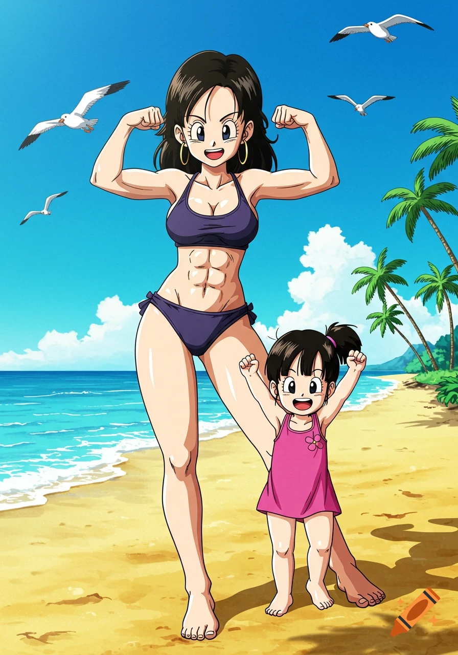 Videl in a bikini flexes her arms next to her daughter Pan in a pink swimsuit at a sunny anime beach.