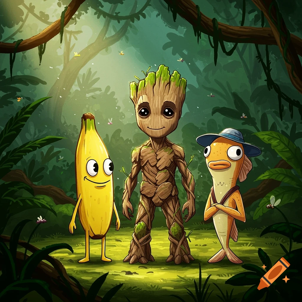 Baby Groot stands between a smiling banana character and a fish character wearing a hat, in a vibrant cartoon jungle.